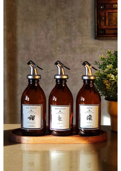 3'lü Ahşap Standlı Amber Şişe Seti, Zeytinyağı, Nar Ekşisi, Sirke, Yağdanlık, 300ML