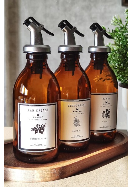 3'lü Ahşap Standlı Amber Şişe Seti, Zeytinyağı, Nar Ekşisi, Sirke, Yağdanlık, 300ML fiyatları