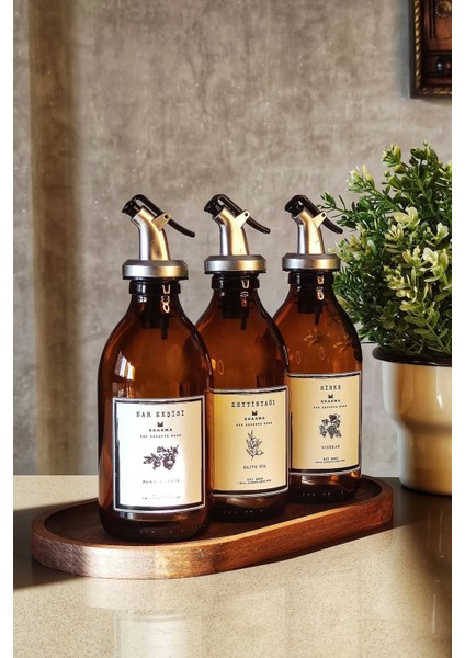 3'lü Ahşap Standlı Amber Şişe Seti, Zeytinyağı, Nar Ekşisi, Sirke, Yağdanlık, 300ML modelleri