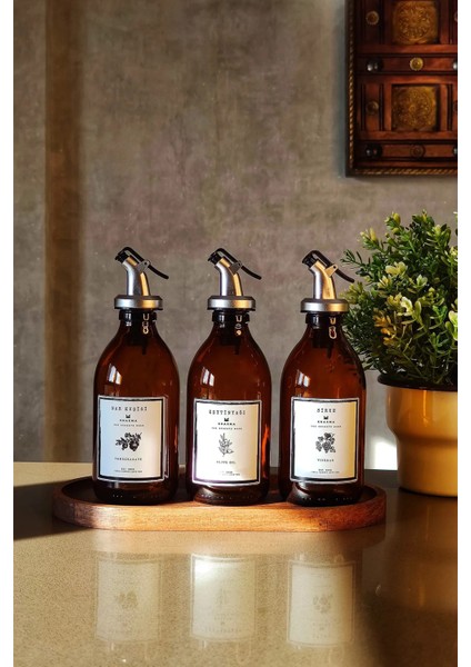 3'lü Ahşap Standlı Amber Şişe Seti, Zeytinyağı, Nar Ekşisi, Sirke, Yağdanlık, 300ML fırsatları
