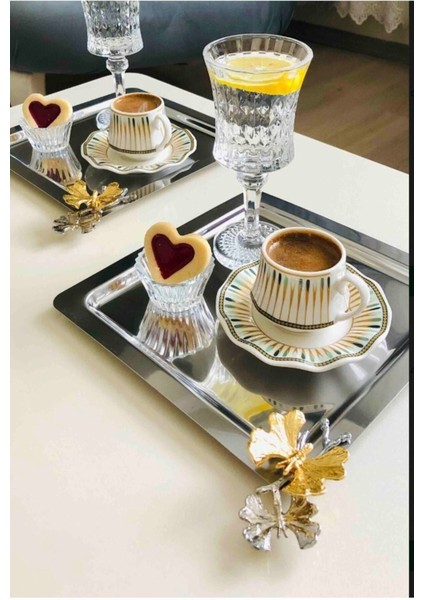 Altı Parça Paslanmaz Çelik Kare Servis ve Sunum Tepsisi, Kelebek Aksesuarlı