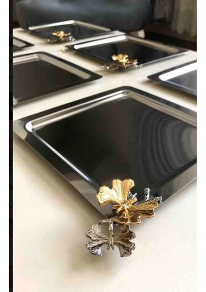 Altı Parça Paslanmaz Çelik Kare Servis ve Sunum Tepsisi, Kelebek Aksesuarlı fiyatları