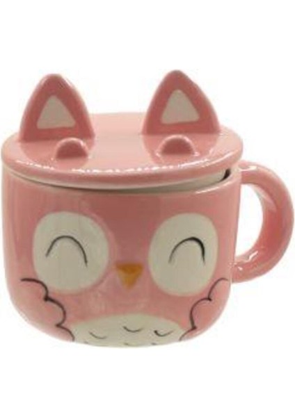 Pembe Baykuş Kapaklı Seramik Kupa 330 Ml, Şık ve Kullanışlı Hediye Seçeneği