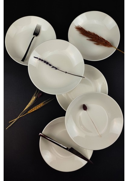 6'lı Krem Porselen Çukur Tabak Seti 19 Cm, Şık ve Dayanıklı Yemek Tabağı Kompleti