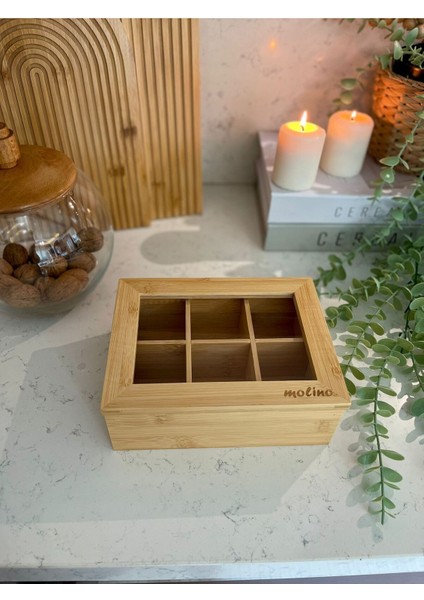 Bambu 6 Bölmeli Çay Kutusu Organizer, Şeffaf Kapak, 24X16X7 cm