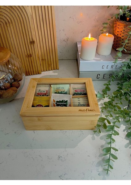 Bambu 6 Bölmeli Çay Kutusu Organizer, Şeffaf Kapak, 24X16X7 cm fiyatları