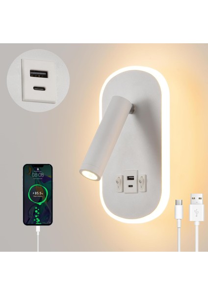 Dekoratif Yatak Başı Okuma Lambası 15 Watt Gün Işığı Çift Kademeli USB ve Type-C Giriş
