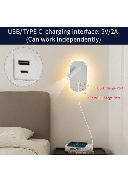 Dekoratif Yatak Başı Okuma Lambası 15 Watt Gün Işığı Çift Kademeli USB ve Type-C Giriş fiyatları