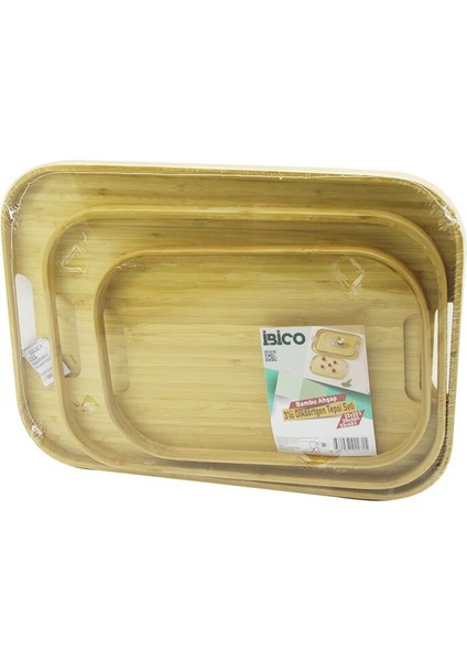 Dikdörtgen - 3 Boy Bambu Ahşap Tepsi Seti 22X33--28X40--33X45CM (5131)