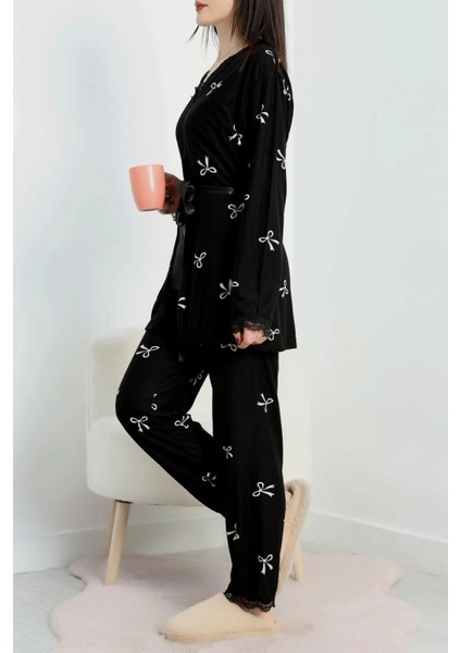 Siyah Kurdaleli 3lü Pijama Seti