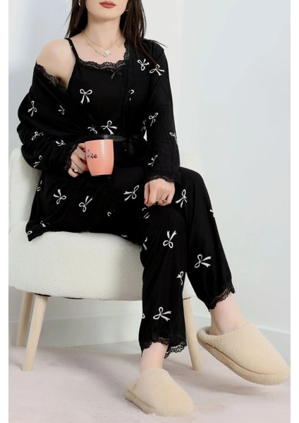 Siyah Kurdaleli 3lü Pijama Seti modelleri