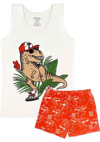 Erkek Çocuk Atlet Boxer Likralı Ekru Dinozor (%96 Pamuk - %4 Elastan)