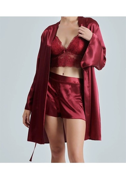 Kadın Bordo Saten Çeyiz Seti 6 Parça Sabahlık Gecelik Pijama Şortlu Takım .r.o.z.2.0.a.l.s.e.l.t