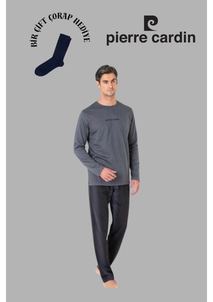 Erkek Füme Uzun Kol Pamuklu Pijama Takımı 1 Çift Çorap Hediye