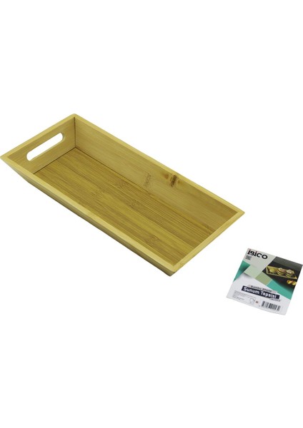 DİKDÖRTGEN=16X35CM Derin=4.5cm Ahşap Bambu Sunum Tepsisi Çift Oyma Kulplu (5131)