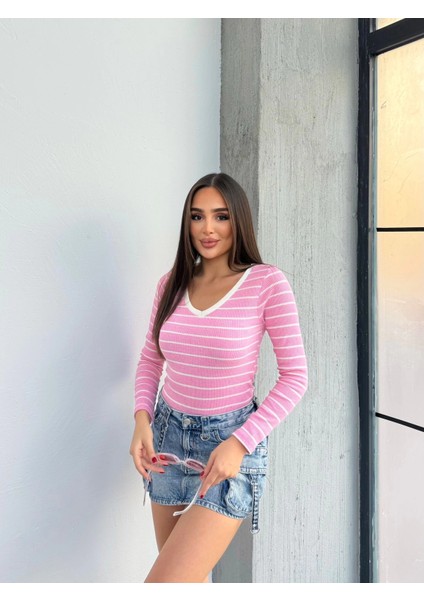 V Yaka Çizgili Bluz Pembe A3699 modelleri