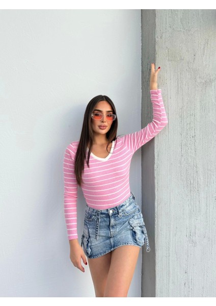 V Yaka Çizgili Bluz Pembe A3699 indirimleri
