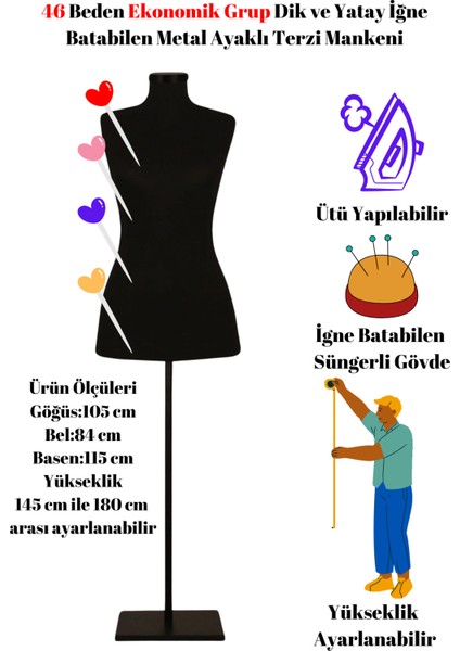 Ekonomik 46 Beden Dik ve Yatay Iğne Batabilen Sünger Metal Ayaklı Terzi Mankeni Po-01