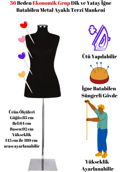 Ekonomik 36 Beden Dik ve Yatay I?ğne Batabilen Sünger Metal Ayaklı Terzi Mankeni