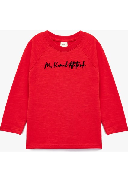 Uzun Kollu Bisiklet Yaka Atatürk Temalı Baskı Detaylı Pamuklu Tişört