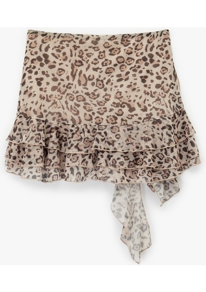 Asimetrik Kesim Fırfırlı Şortlu Leopar Desenli Mini Etek fiyatları