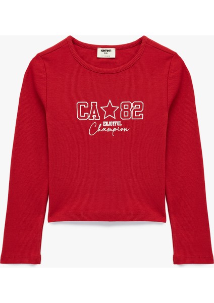 Pamuklu Baskılı Bisiklet Yaka Uzun Kollu Tişört