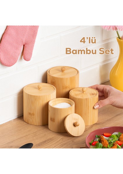 4361 Bambu Çok Amaçlı Saklama Kabı Organizer 4lü Baharat Seti
