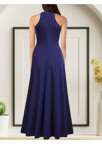 Kadın Halter Yaka Derin Yırtmaç Detaylı Tam Boy Janjan Krep Abiye Elbise fiyatları