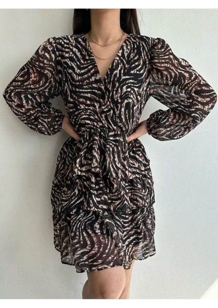 Şık Mini Şifon Kadın Elbise Desenli Eteği Kat Kat Astarlı DKS-002