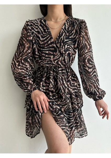 Şık Mini Şifon Kadın Elbise Desenli Eteği Kat Kat Astarlı DKS-002 fiyatları