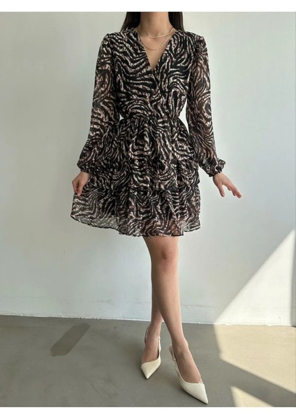 Şık Mini Şifon Kadın Elbise Desenli Eteği Kat Kat Astarlı DKS-002 indirimleri