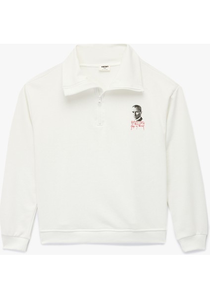 Atatürk Baskılı Yarım Fermuarlı Dik Yaka Uzun Kollu Sweatshirt