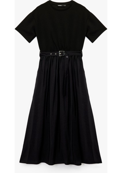 Rahat Kalıp Krep Kumaş Kısa Kollu Bisiklet Yaka Kemerli Kloş Uzun Elbise