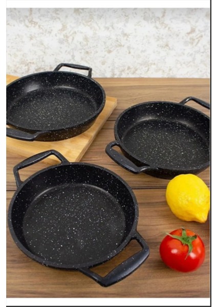 3'lü Siyah Döküm Granit Sahan Tava Seti, 22CM-20CM-18CM
