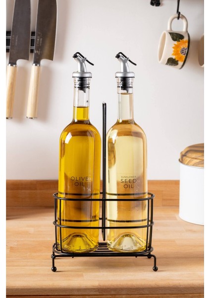 750 ml 2'li Cam Yağdanlık Seti, Metal Standlı, Şık ve Kullanışlı Yağ Şişeleri