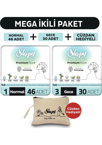 Bio Natural Premium Plus Hijyenik Ped Mega Paket Normal 46 Adet+Gece 30 Adet+Cüzdan Hediyeli