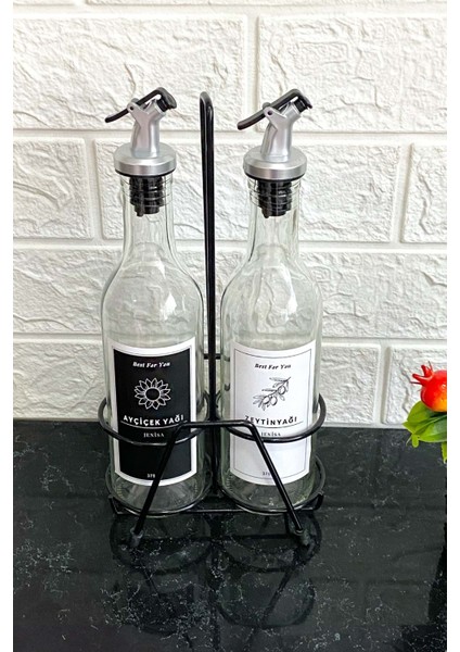 2'li Şeffaf Cam 375 ml Demir Stantlı Yağlık Seti