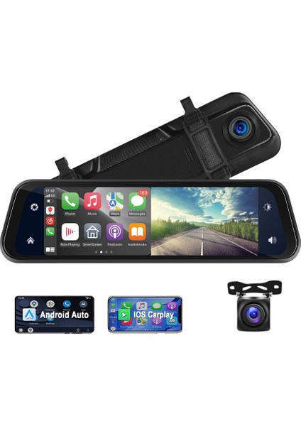 Teknomie 9.66'' Carplay & Android Auto Araç Içi Dikiz Aynası Dvr – 2k Ön + 1080P Arka Kamera, IPS Dokunmatik Ekran, Sesli Komut, Gece Görüş, IP67 Su Geçirmez
