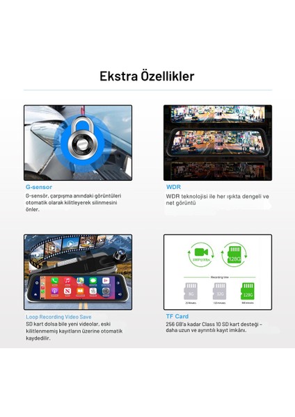 Teknomie 9.66'' Carplay & Android Auto Araç Içi Dikiz Aynası Dvr – 2k Ön + 1080P Arka Kamera, IPS Dokunmatik Ekran, Sesli Komut, Gece Görüş, IP67 Su Geçirmez