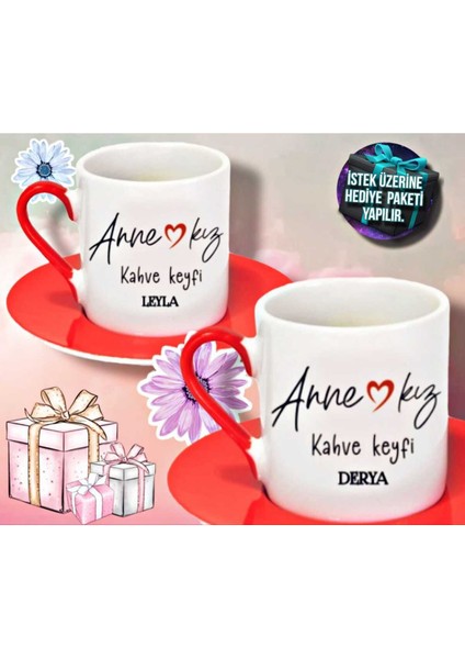 Isme Özel Kırmızı Kahve Fincanı, Anne-Kız Keyfi, Baskılı, Kulplu, Çift, Şık Tasarım
