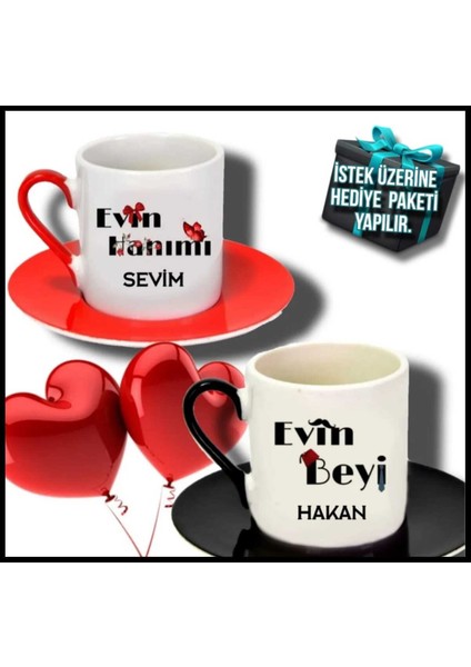 Isme Özel Renkli Kırmızı ve Siyah Kulplu Çift Türk Kahvesi Fincanı