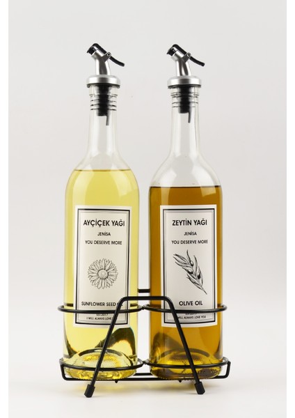 2 Adet Şeffaf 750 ml Yağdanlık ve Siyah Kısa Stant, Etiketli, Akıtmaz