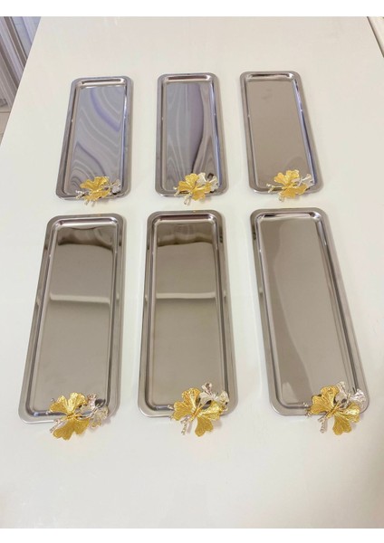 6'lı Lüx Paslanmaz Çelik Kelebekli Servis Tepsisi Seti