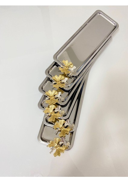 6'lı Lüx Paslanmaz Çelik Kelebekli Servis Tepsisi Seti fiyatları