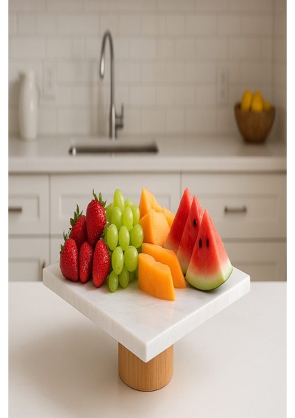 Beyaz Doğal Mermer Pasta ve Peynir Sunum Tabağı 20X30, Ahşap Ayaklı, Şık Dizayn fiyatları