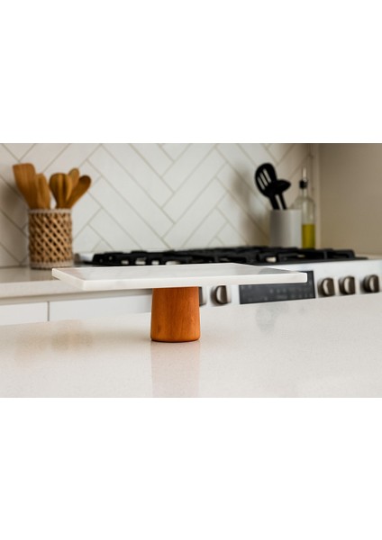 Beyaz Doğal Mermer Pasta ve Peynir Sunum Tabağı 20X30, Ahşap Ayaklı, Şık Dizayn fırsatları