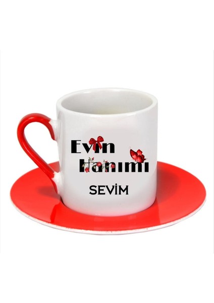 Kırmızı ve Siyah Kulplu, Isimli Çift Türk Kahvesi Fincanı, Renkli Tasarım fiyatları