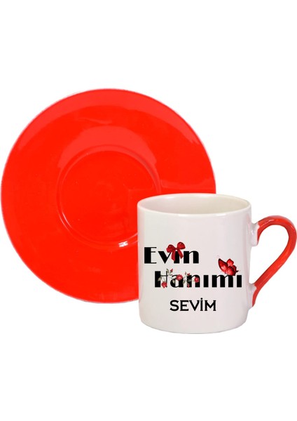 Kırmızı ve Siyah Kulplu, Isimli Çift Türk Kahvesi Fincanı, Renkli Tasarım fırsatları