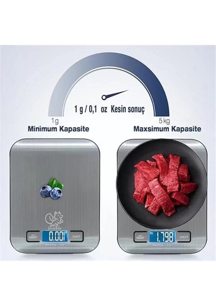 Paslanmaz Çelik Dijital Mutfak Tartısı, Hassas ve Renkli, Led, Dara Fonksiyonlu
