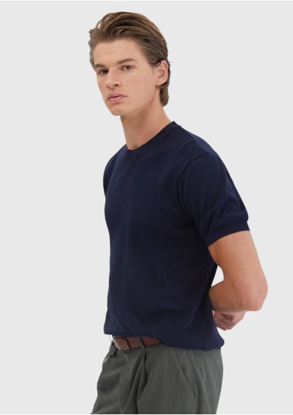 Lacivert Jakarlı Bisiklet Yaka %100 Pamuk T-Shirt modelleri